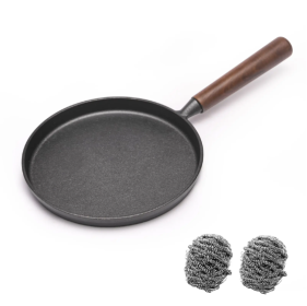 WANGYUANJI Cast Iron Pizza Pan 7.9, Uncoated Pancake Skillet For Indoor And Outdoor, Non-Stick Skillet With Wooden Handle, Handmade Pancakes, Piz (Color: BLACK)